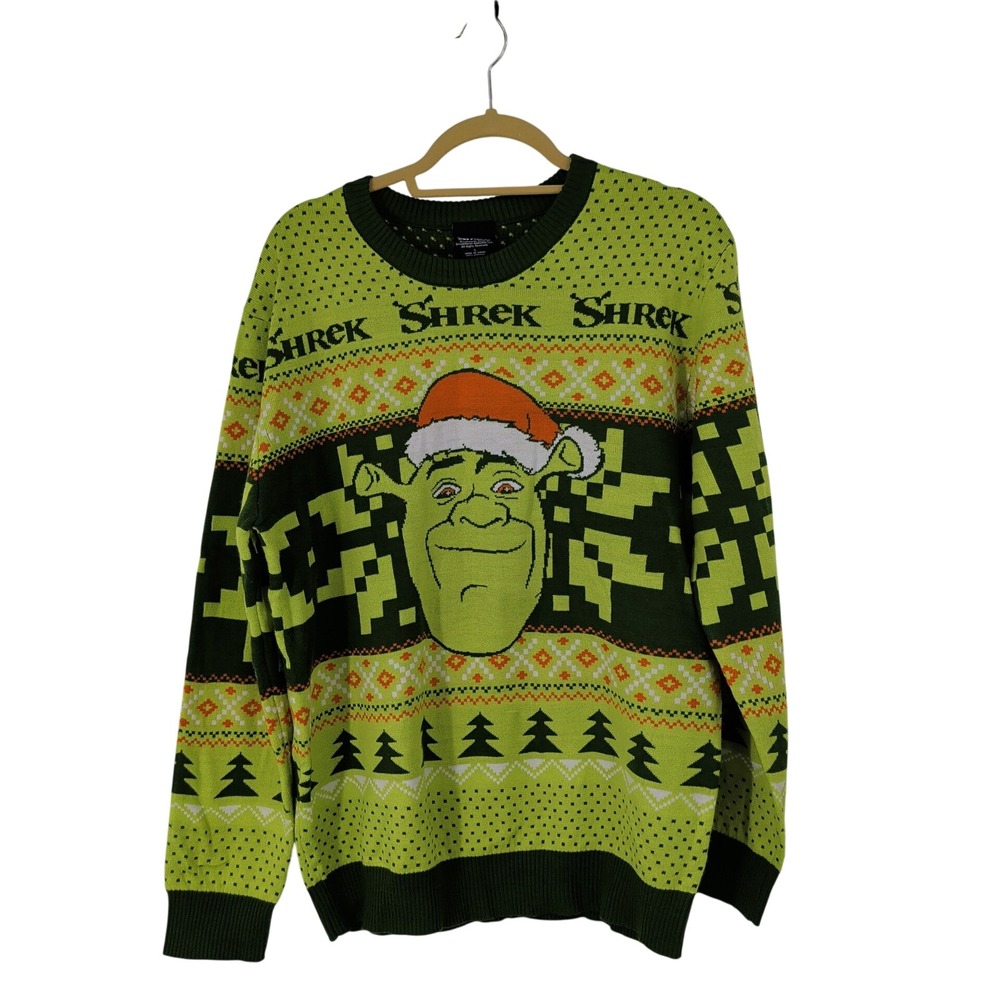 DreamWorks Shrek Christmas Ugly Xmas Sweater Green Mens Large Santa Hat S Logo